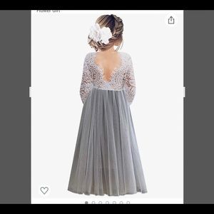 Flower girl maxi dress, tulle skirt lace sleeved top, light gray, size 2T.